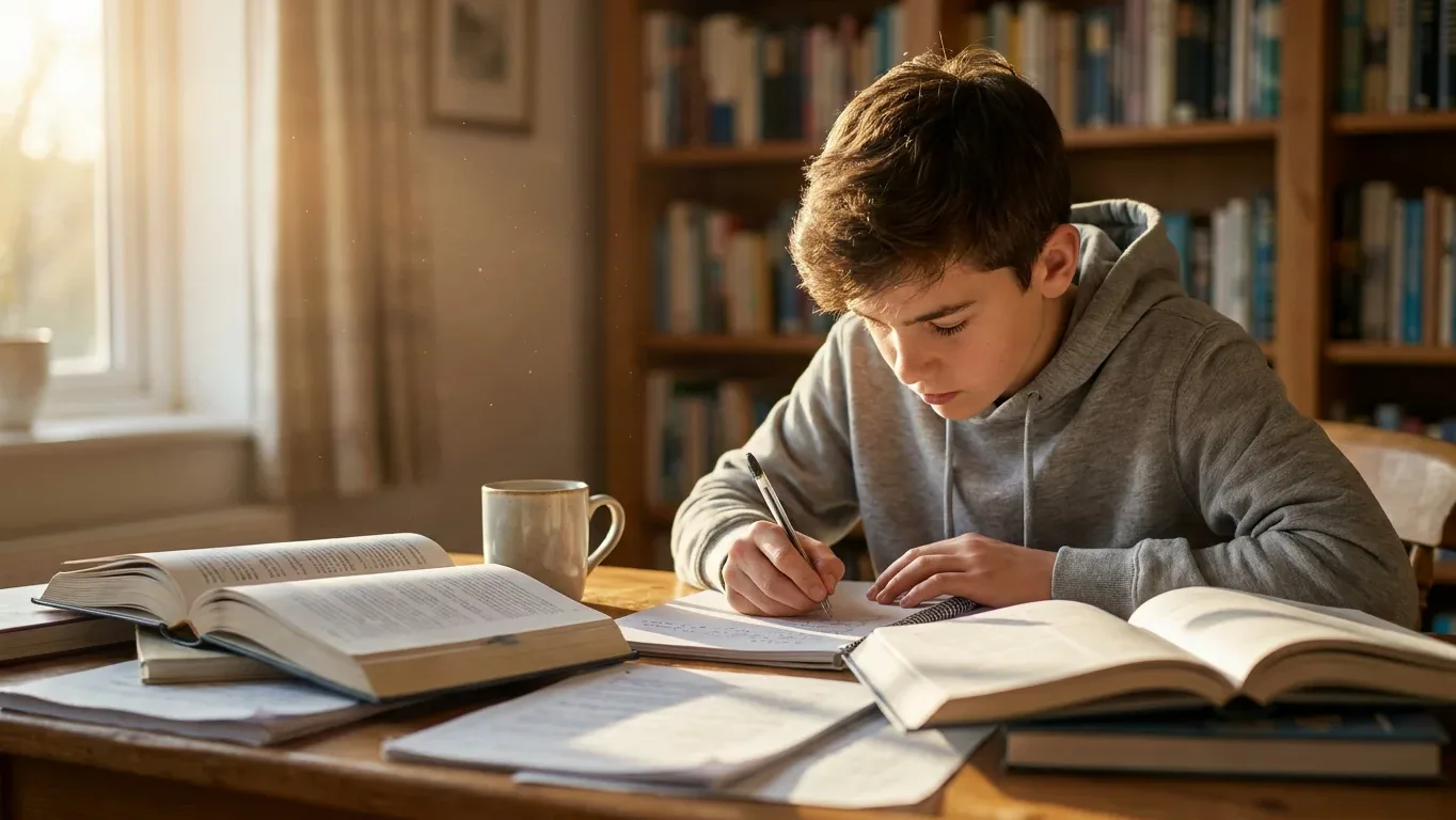 A focused teenage student writing notes at a desk surrounded by open textbooks in a warm, sunlit home study, preparing for the SAT and ACT university-admissions tests