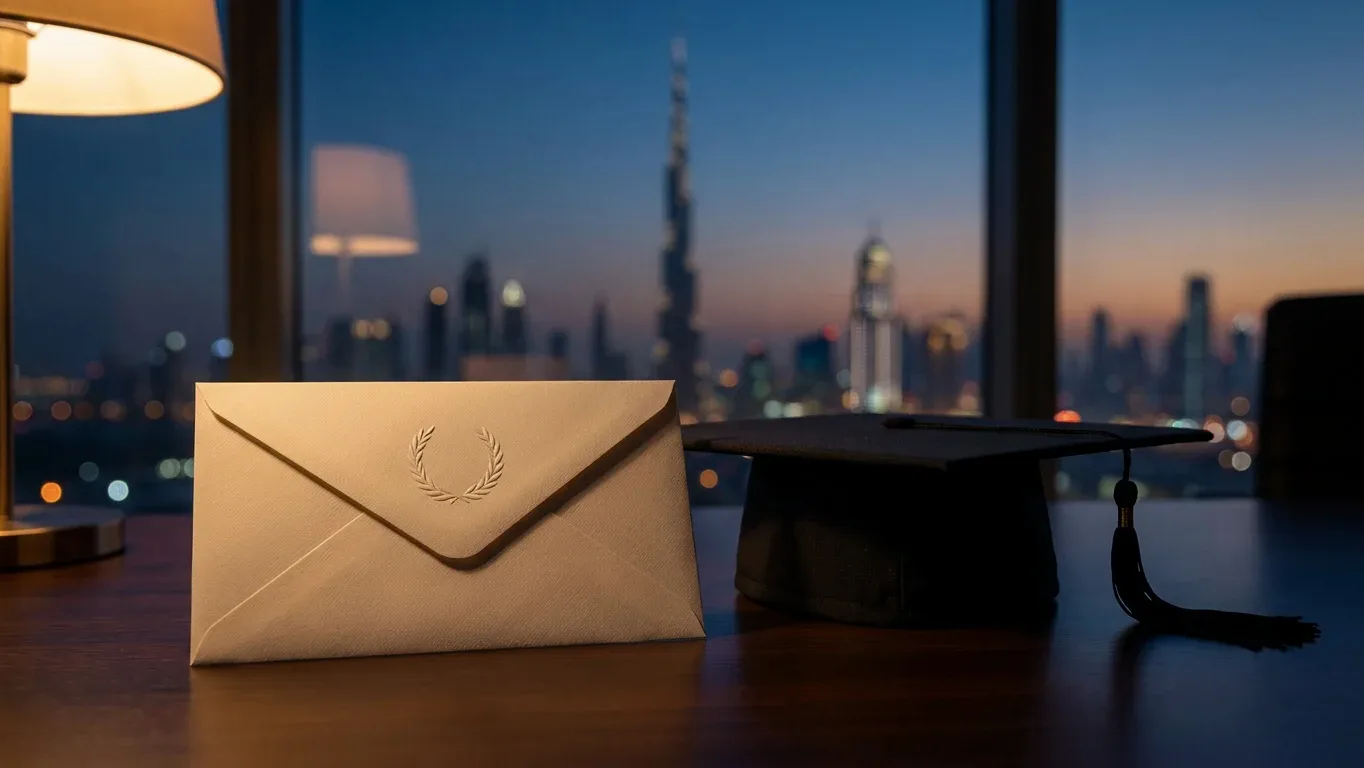A sealed results envelope with a laurel emblem beside a graduation cap on a desk at dusk, the Dubai skyline with Burj Khalifa in the window behind — IB Diploma results day 2026 in the UAE