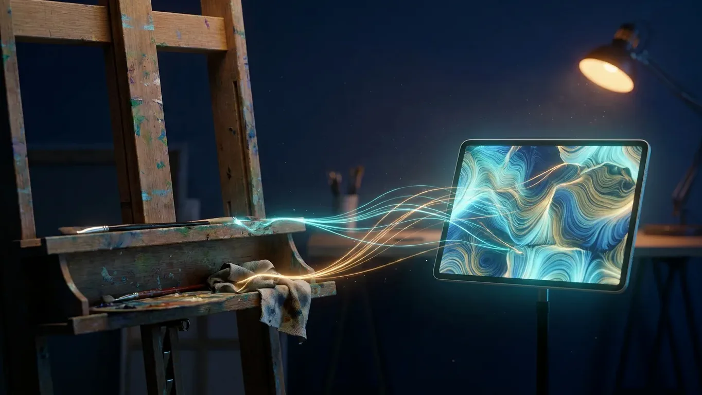 A paint-stained wooden easel and brushes beside a glowing screen of abstract generative-art patterns, threads of light connecting the two — traditional art and AI technology converging in UAE education