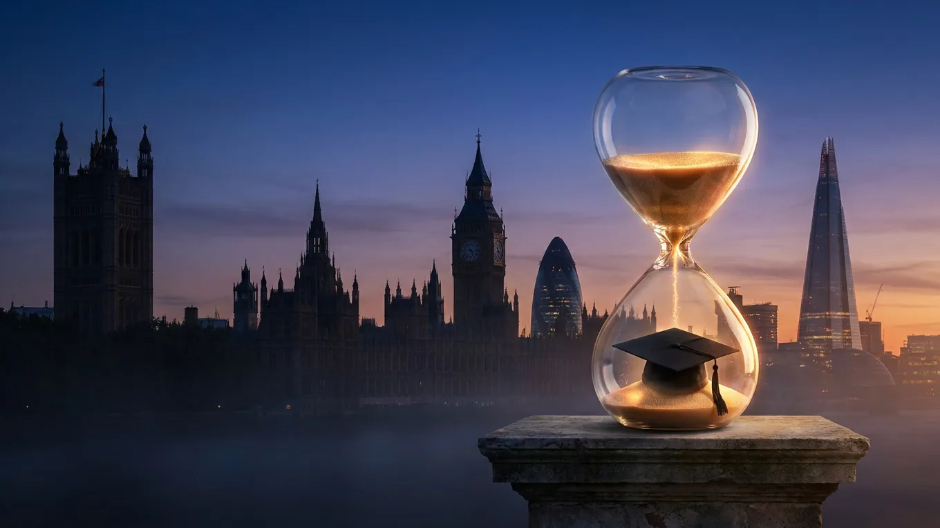 Hourglass with a graduation cap inside its lower bulb against the London skyline at dusk — the UK Graduate Route post-study work window shortening to 18 months from January 2027