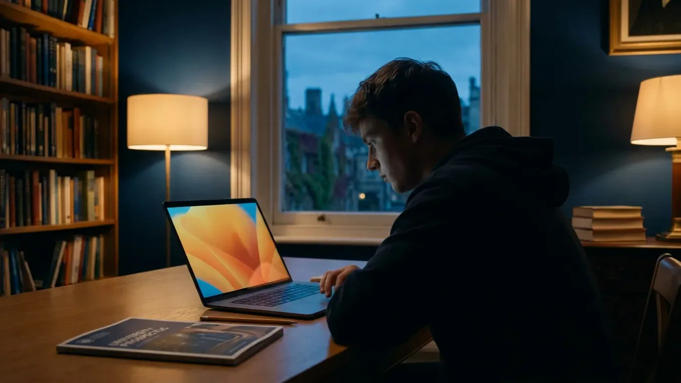 A university-bound student studying at a laptop by a window at dusk with a college campus visible outside, preparing for the SAT and ACT tests now required again by top US universities